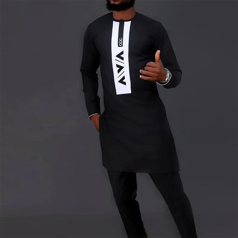 African Style Set Robe Clothing African Clothing Muslim Fashion Regular Long Sleeve Black Cotton Spring and Autumn Set Tracksuit