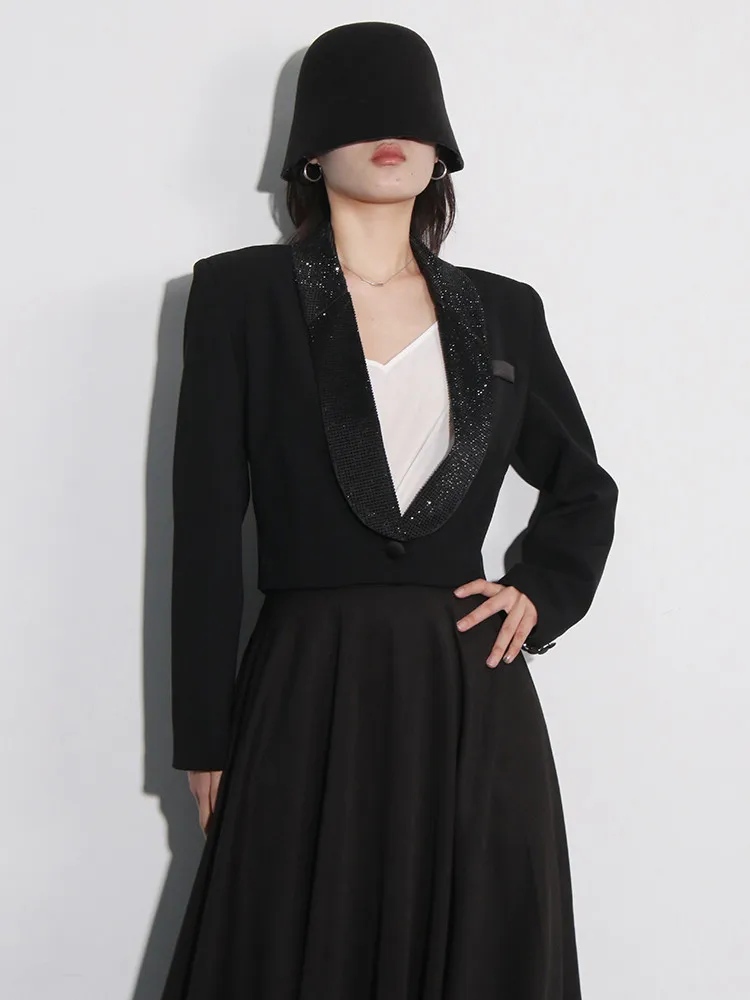 BPN Temperament Spliced Diamonds Blazers For Women Deep V Neck Long Sleeve Solid Elegant Party Blazer Female Fashion Clothes New