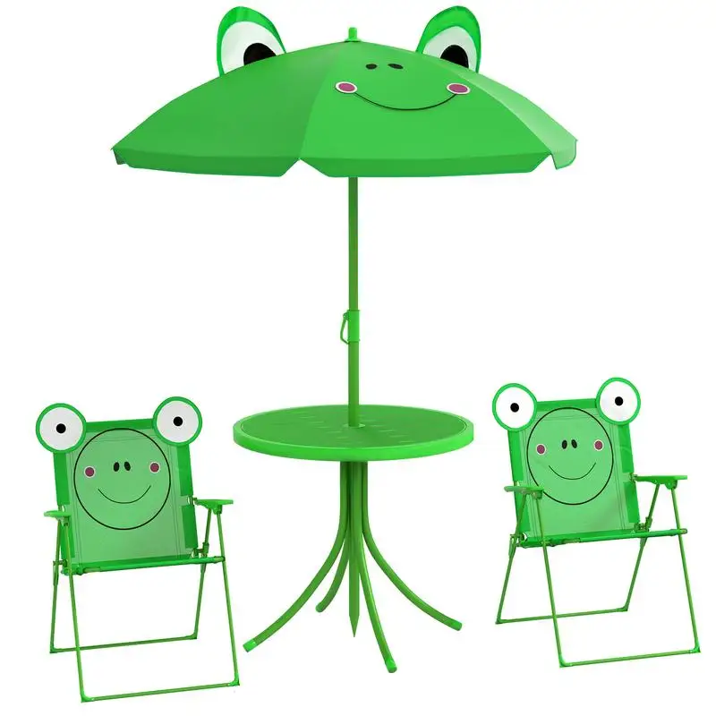 Folding green kids garden table and chairs with frog umbrella front view