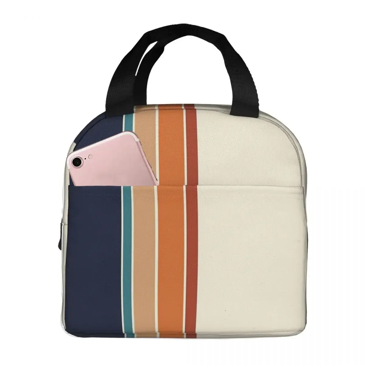

Retro Vertical Stripes Orange Rust Blue Insulated Lunch Bags Portable Picnic Bags Thermal Lunch Tote for Woman Work Kids School