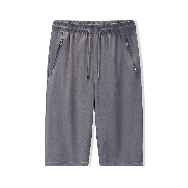Trendy Casual Sports Summer Thin Men's Shorts Ice Silk Fabric Elastic Waist Drawstring Pockets Zipper Loose Calf Length Pants