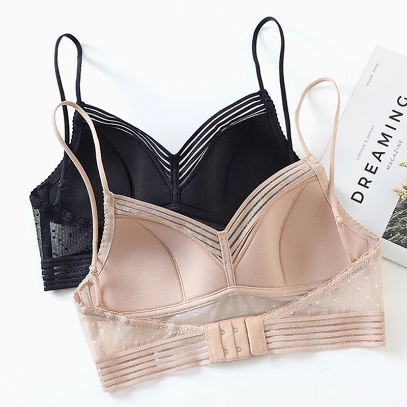 Ladies Mesh Polka Dot Non-wired Underwear Backless Bralette Lace Bra Triangular Lingerie Deep U Soft Breathable Seamless