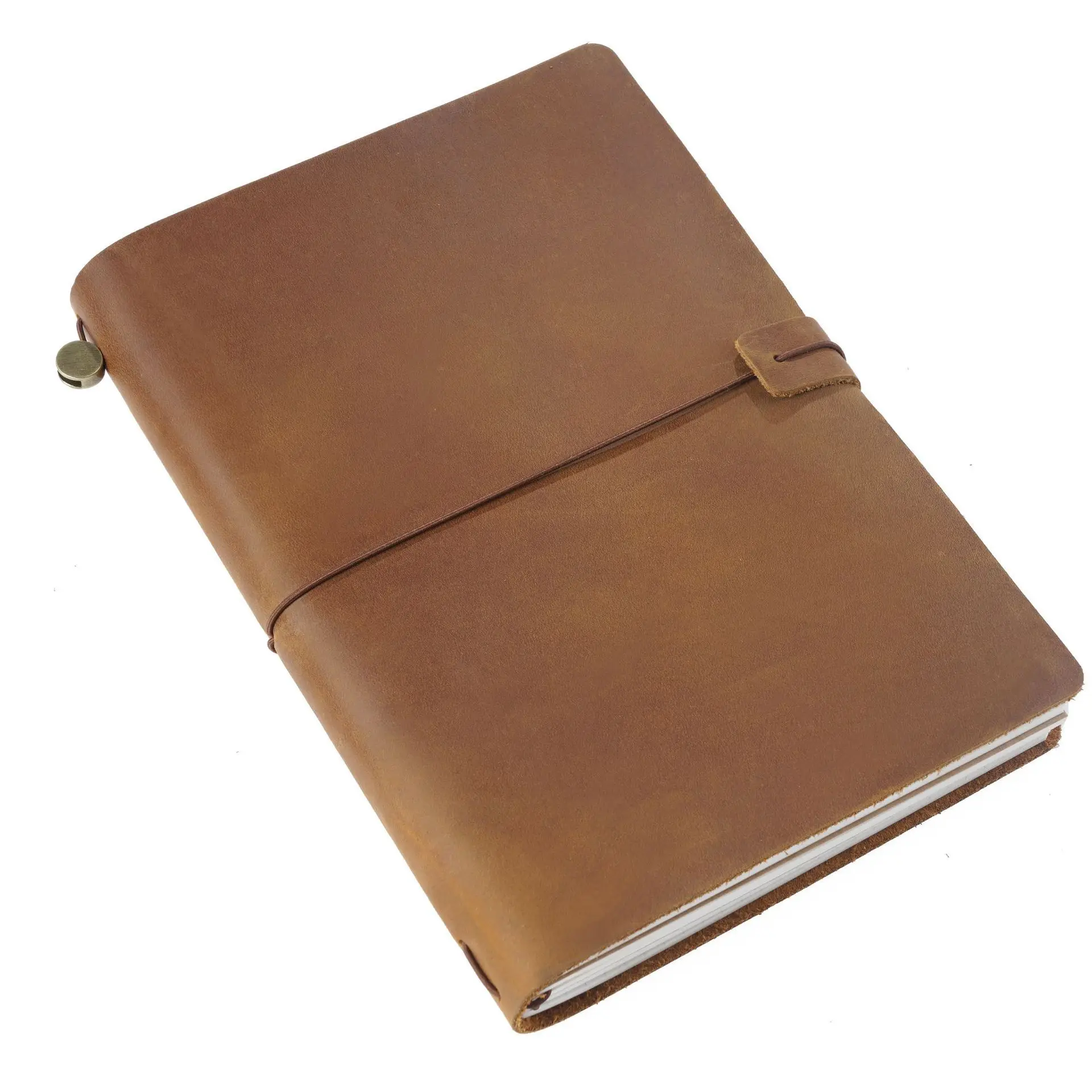Vintage Refillable Crazy Horse Leather Travel Journal with Antique Metal Charms and Elastic Closure