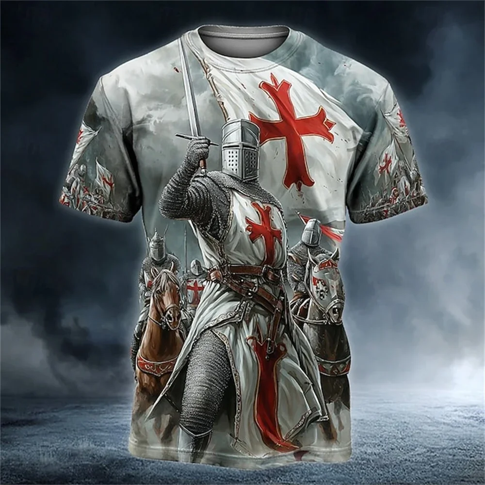 Kreuzritter 3D-Druck Herren T-Shirt Hip-Hop Trend-Stil Street Tees Sommer Lässiges O-Ausschnitt Kurzarm-Oberteil Modische Kleidung