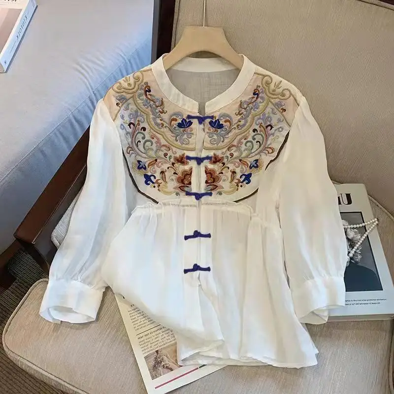 2023 New Arrival Vintage White Embroidered Shirt for Pregnant Women Casual Chinese Style Outerwear Cardigan Maternity Top LF080 3
