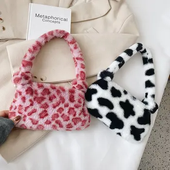 Mini sacs à main à imprimé vache pour femmes, sacs sous les bras en peluche, motif zèbre léopard, sacs fourre-tout moelleux, petits sacs à main pour femmes, mode initiée, hiver