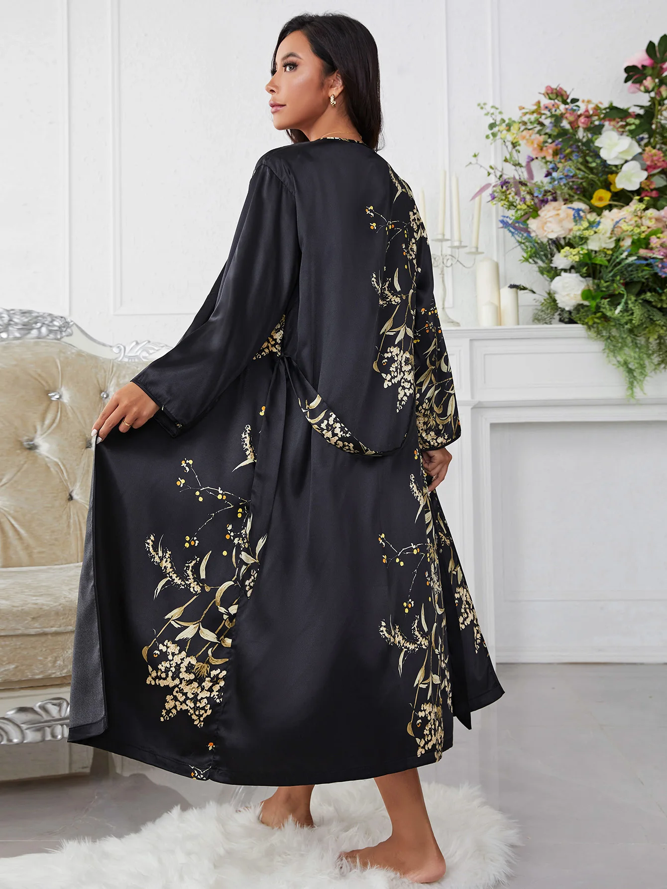 Pajama Sets Sleepwear Sets 2 Pcs Lady Sexy Nightgown Satin Ice Cherry Printed Halter Pajamas Nightgown Robe V-Neck Women's Pajamas Loungewear Set