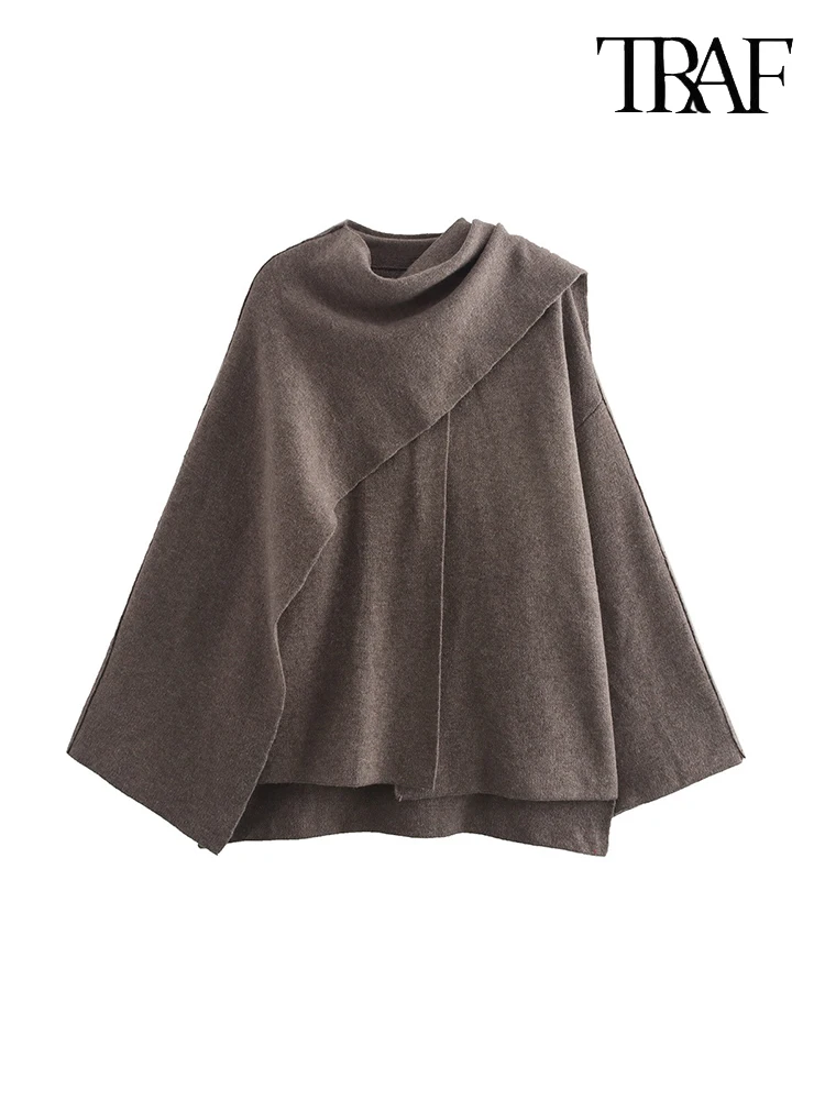 TRAF Women's Fashion Fall Winter Chic Scarf Jacket Long Sleeve Knitted Asymmetric Jacket Sexy Split Hem Loose Short Jacket 2