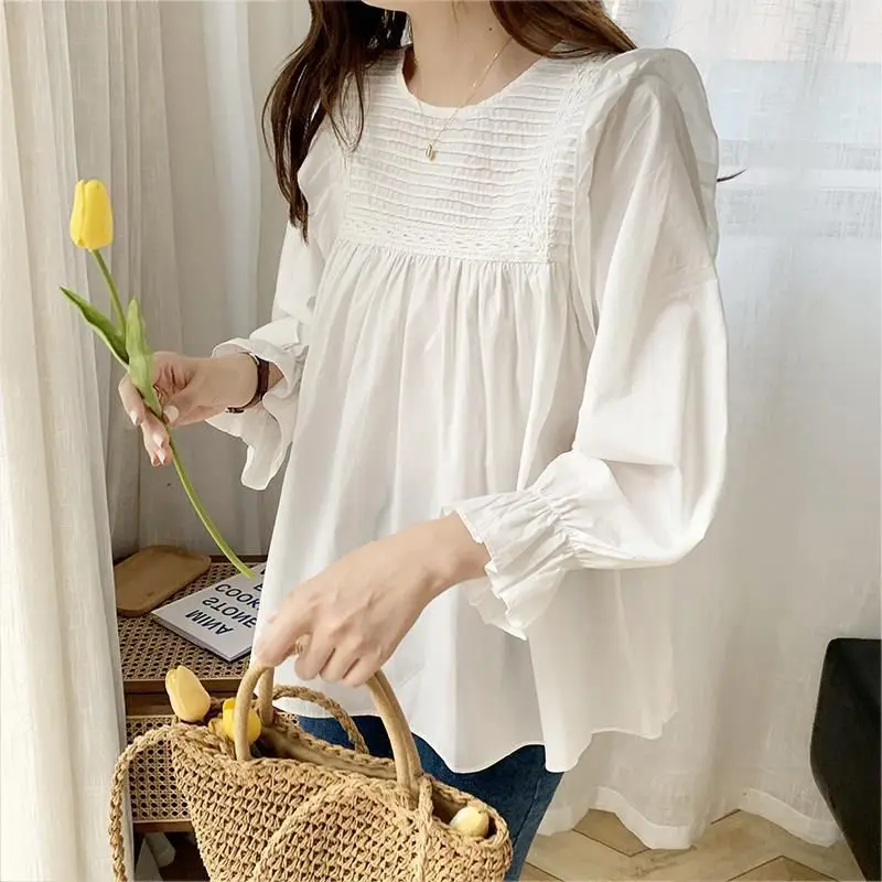 2023 Spring and Autumn New Korean style ruffled doll shirt maternity top women pure color all-matching round neck pleated shirt