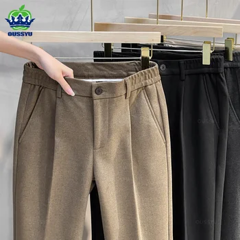 남성용 두꺼운 비즈니스 탄성 허리 정장 바지, 클래식 그레이 브라운 모직 스트레이트 한국 정장 바지, 남성 27-38, 가을, 겨울