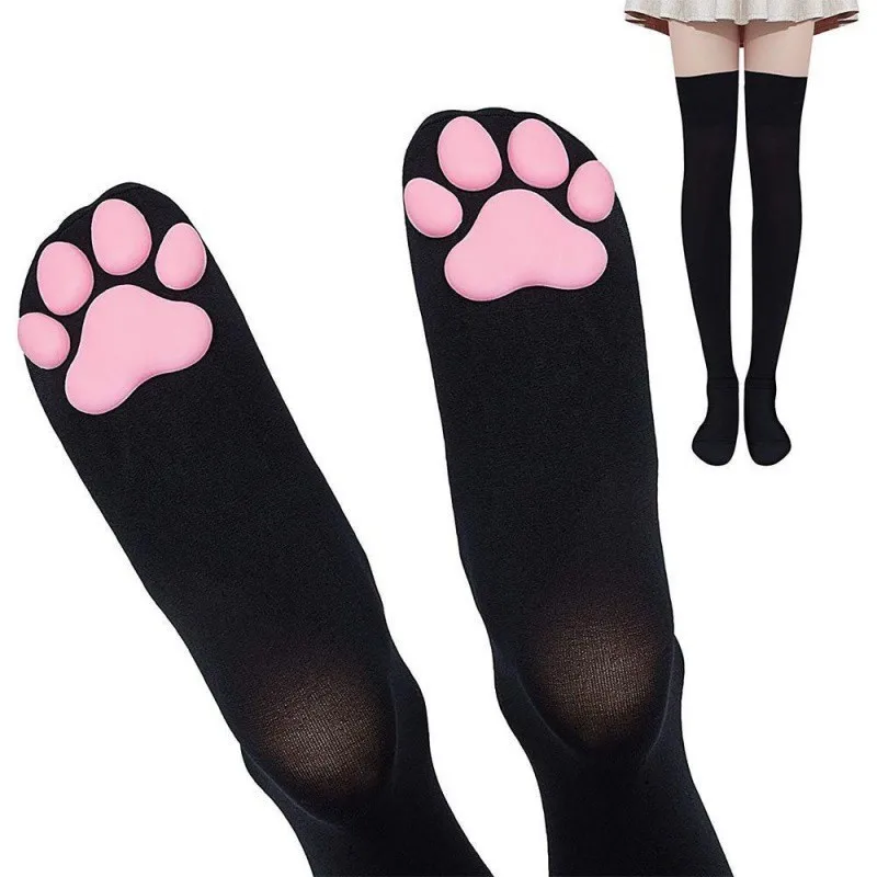 KittyNook Cat Co. 3D Cat Paw Meat Pad Socks in black with pink paw prints, shown worn with feet together.
