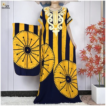 2024 Latest Style African Women Summer Short Sleeve Dubai Kaftan Stripe Printed Cotton Maxi Muslim Femme Loose Abaya Clothing 1
