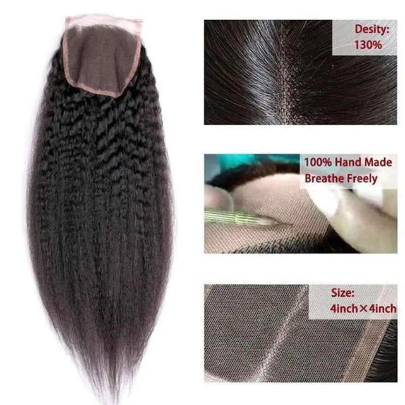 Human Hair 4x4 Kinky Straight Lace Closure 150% Density 10-20 Inch Full End Natural Color Pre-Plucked Raw Indian Hair
