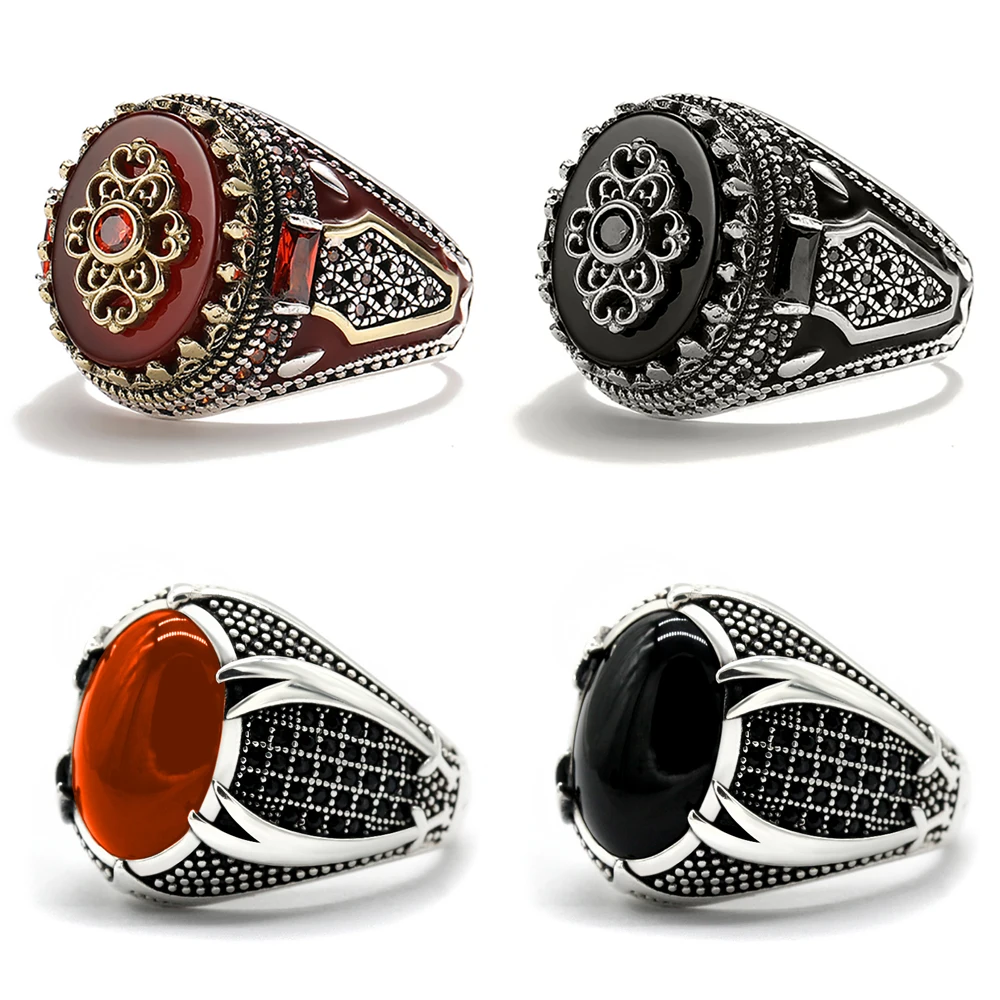 Retro Handmade Islamic Men Ring Vintage Turkish Double Swords Black Red CZ Stone Ring finger rings jewelry rings ring jewelry turkish rings