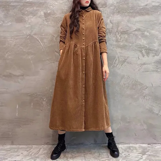 Autumn Winter Thick Corduroy Dress for Women Vintage Solid Casual Loose Long Sleeve Button Shirt Maxi Dress Cardigan Tunic Tops 4