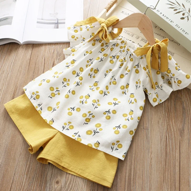 Girls Clothing Sets Summer Kids Clothing Sets Sleeveless Floral T-shirt Shorts Pants 2Pcs Suit Bow Children Girl Suit kids clothing set girls clothing set