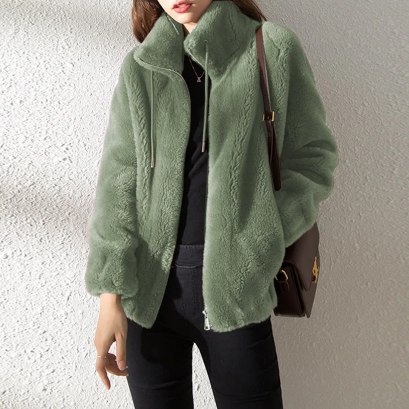 

Outerwear for women in winter with plush and thickened standing collar sweater for women in cardigan, zippered fleece jacket