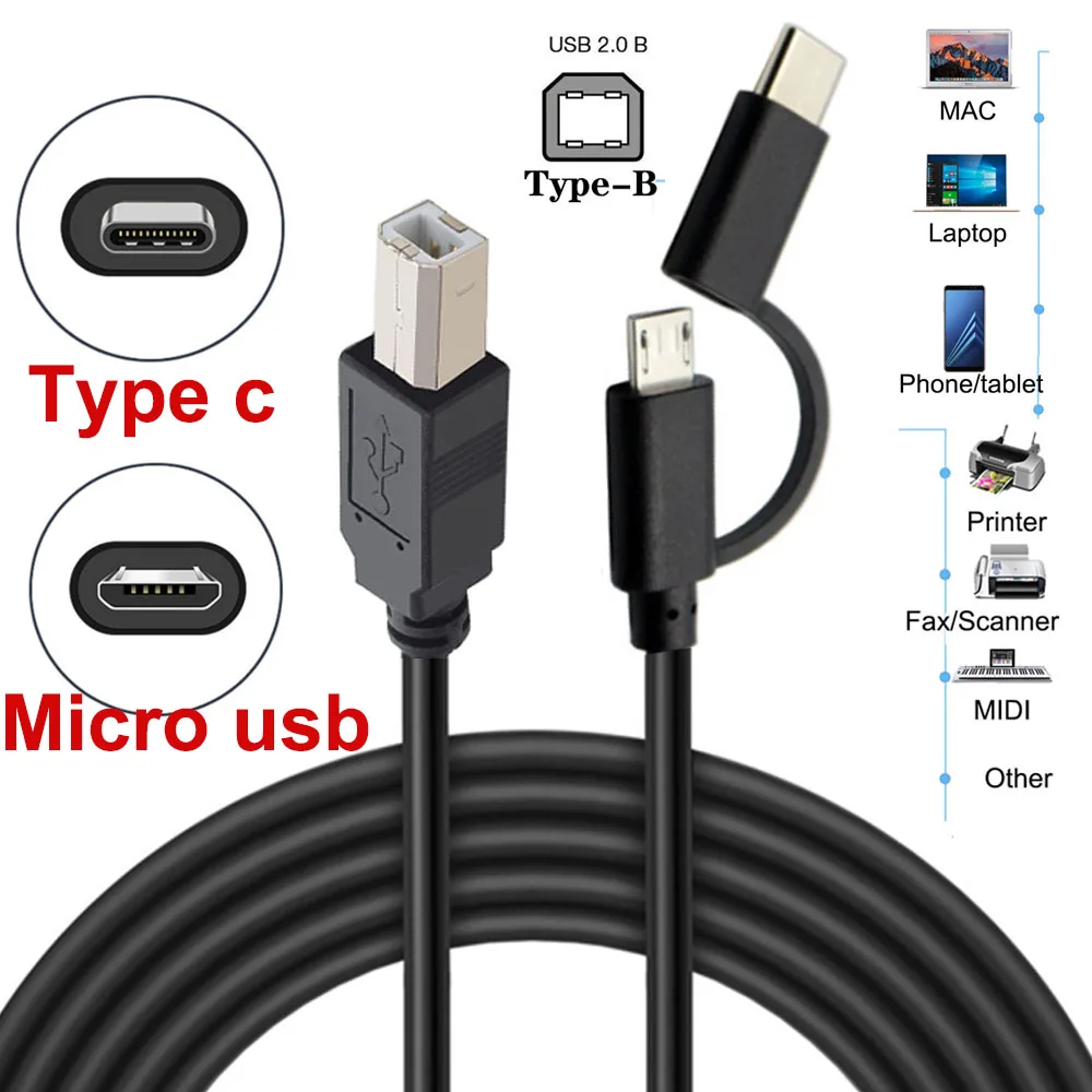 Micro Usb 2.0 + TYPE C Male To USB 2.0 Type-B Male OTG Cable for Phone Printer Scanner Electronic Piano and Electronic Drum usb aux adapter,usb c b cable