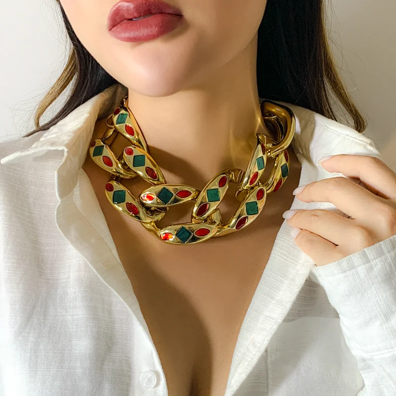 

Exaggerated Coloured Oil Drip Collar Chain Necklace for Women Geometric Clasp Resin Hip Hop Necklace Collier Femme Jewelry Gifts