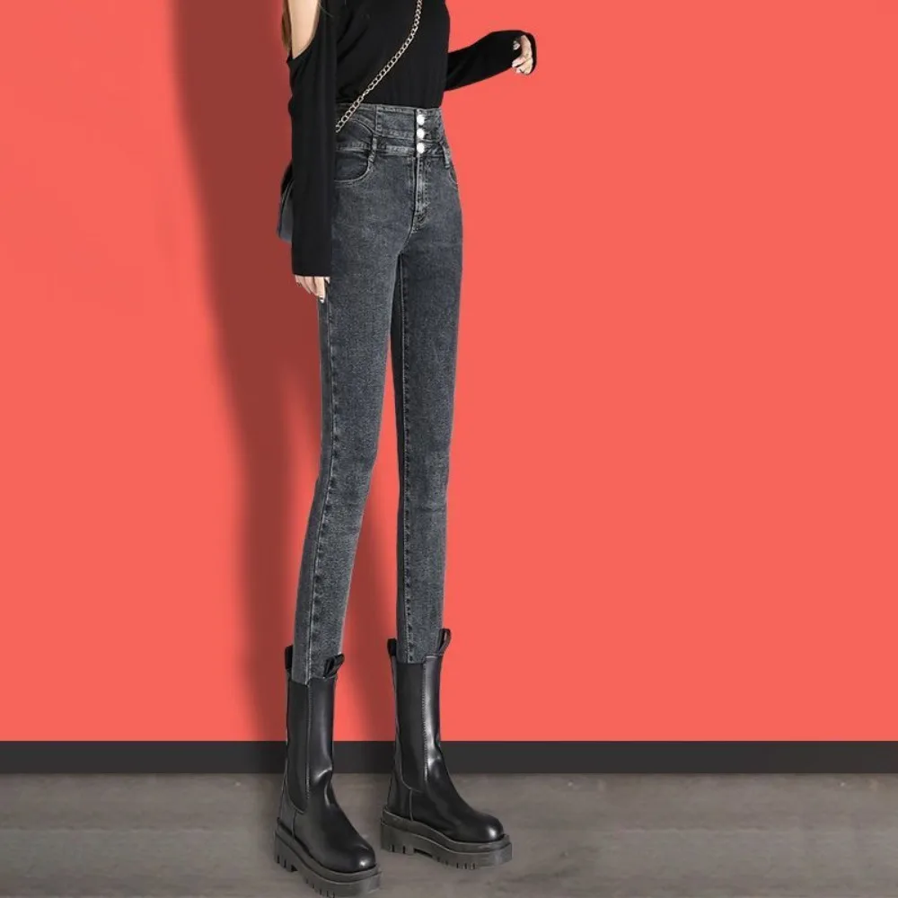Winter Thick Velvet Women High Waist Skinny Jeans Simple Fleece Warm Slim Fit Stretch Ladies Casual Denim Pencil Pants Women