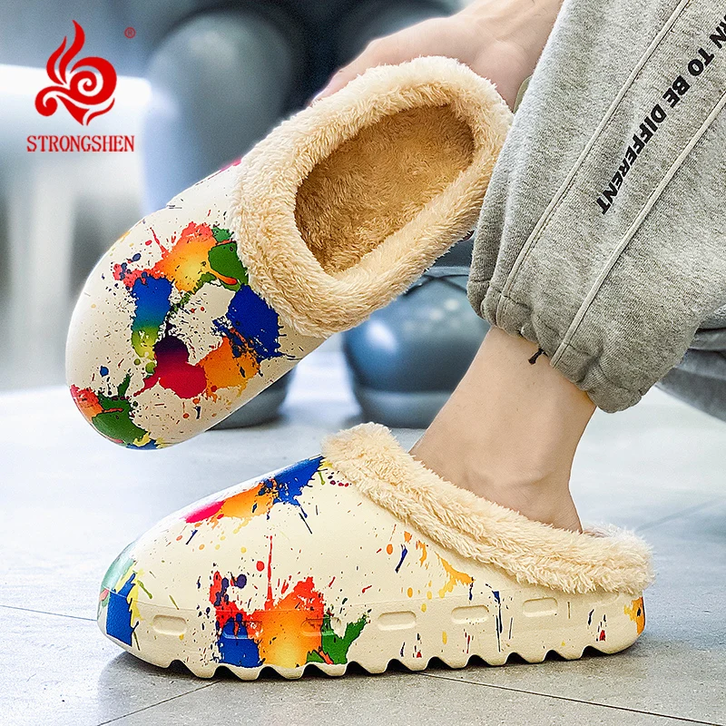 Winter Men Women Warm Slippers Waterproof Graffiti Furry Lining Plush Shoes Indoor Home Footwear Outdoor Non Slip Platform Shoes