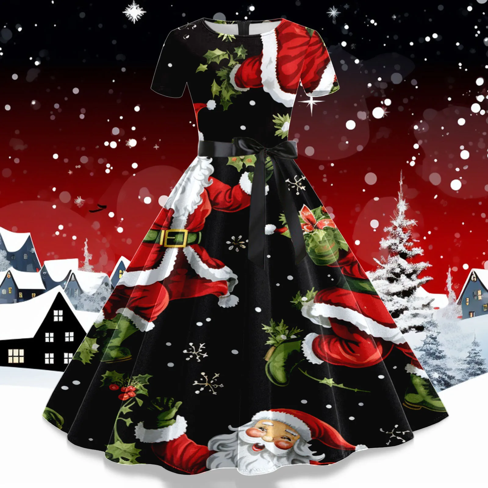 Robe De Noël Femme Vintage – Manches Longues à Capuche – Robe Cocktail Soirée – Velours Rouge – Fêtes 2024 - 6