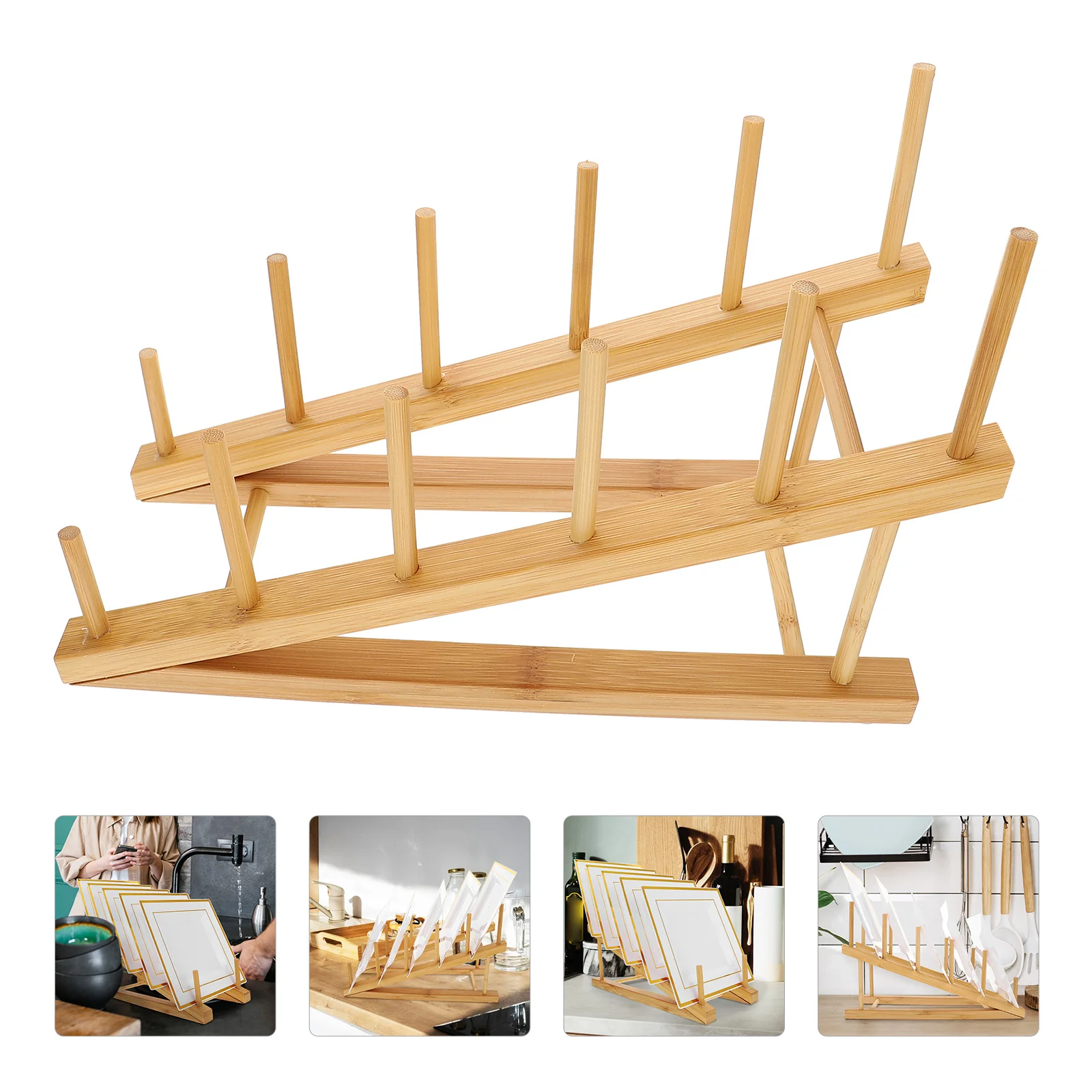 

Dish Drainer Plate Rack Bamboo Shelf Bottles Pot Cover Drying Organizer Kitchen Accessory Draining Monitor Stand Holder