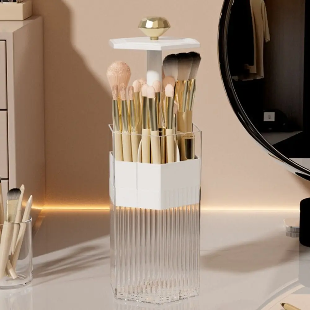 Plastic Automatic Lifting Makeup Brush Holder Dustproof Large Capacity Eyebrow Pencil Container Space Saving with Lid