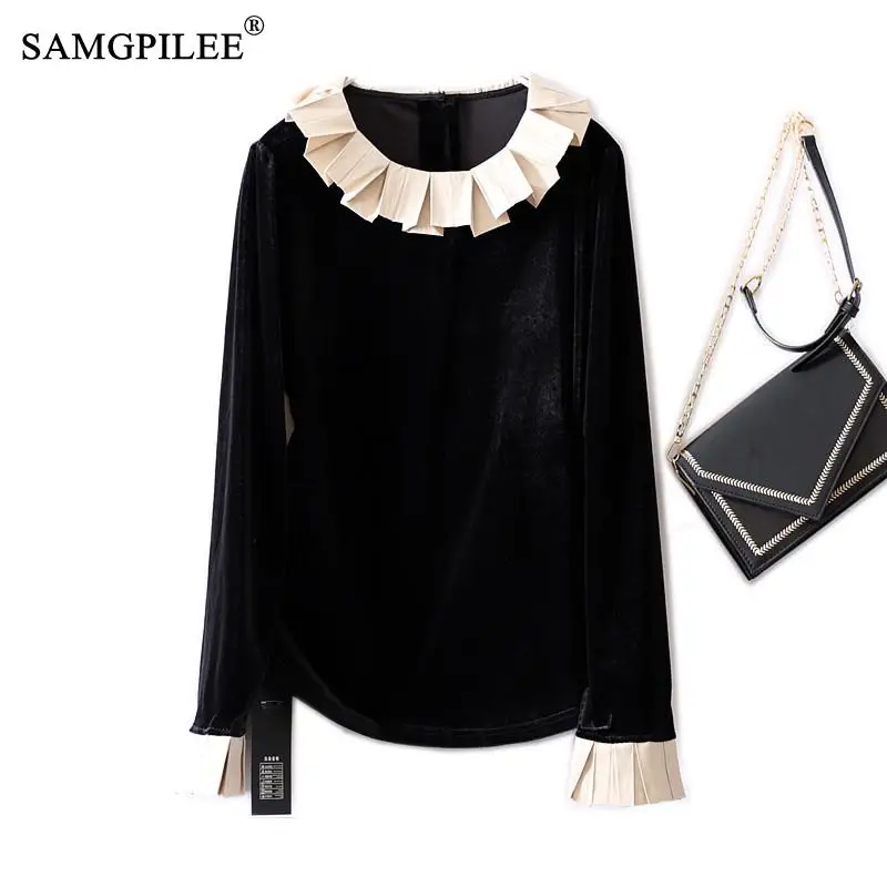 

SAMGPILEE Oversized T-shirt Patchwork Ruffle Collar Pinch Back Cardigan French Style Women's T-shirt Gold Velvet Top Y2k Clothes