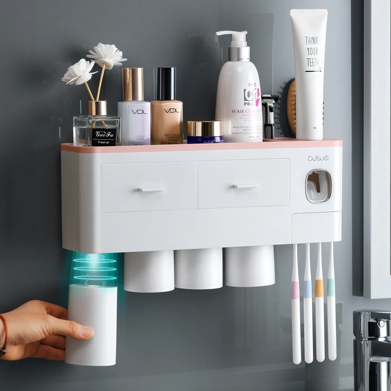 Magnetic Adsorption Inverted Toothbrush Holder Automatic Toothpaste Dispenser With Cup Toothpaste Bathroom Accessories Set