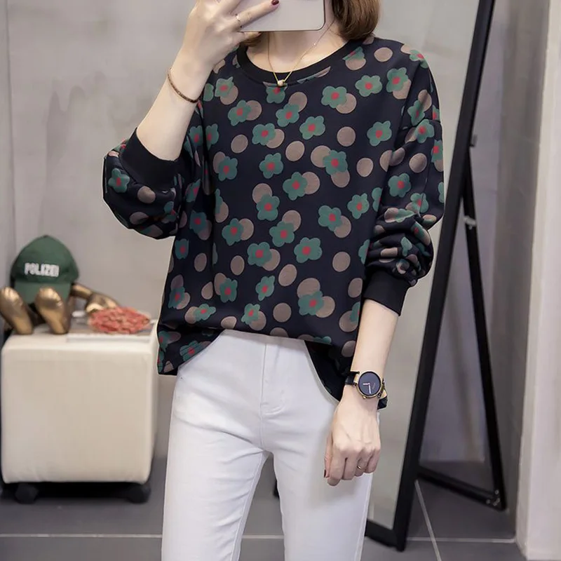 Women's Clothing Autumn and Winter Small Flower Printing Pullover Tops Korean Crew Neck Loose-fitting Long Sleeve Sweatshirts