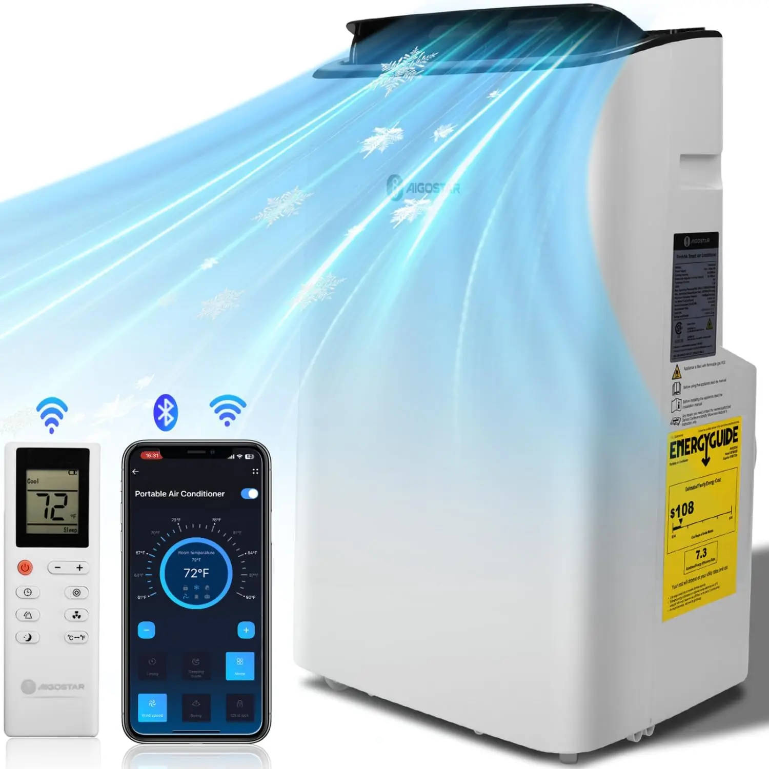 

12000 BTU Smart Portable Air Conditioner, Dehumidifier, Fan, 4-in-1 AC Unit Room Up to 550 Sq.Ft, WIFI App & Remote Control, Dtf