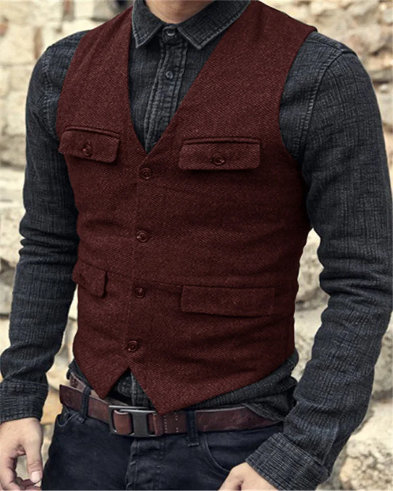 Mens Suit Dress Vests Men's Suit Vest Brown Burgundy Herringbone Wool Tweed Vintage Steampunk Waistcoat Formal Business Vests For Men Wedding