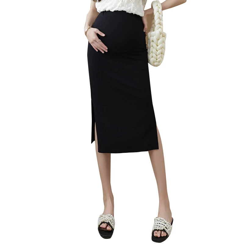 Summer Thin Maternity Belly Skirts Side Split High Waist Mid-calf Slim Hips Pregnant Woman Pencil Skirt Adjustable Waist Skirts