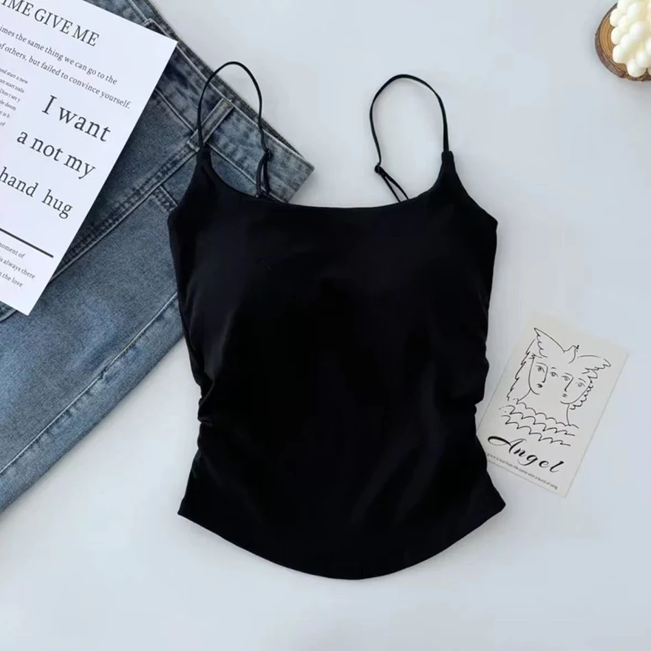 Fashionable and Versatile Solid Color Slim Shoulder Strap Camisole Vest Women Chest Cushion Summer Thin Base Underwears 5