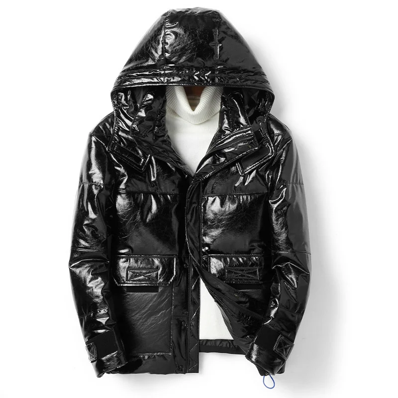 

Пуховик мужской из натуральной кожи, куртка белого гуся, теплая овчина, Модный яркий черный, зима 90%