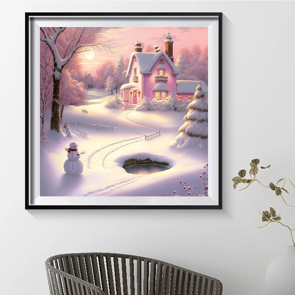 Pintura de diamantes 5D DIY, paisaje de Casa de muñeco de nieve de Navidad,  punto de cruz, bordado de diamantes, mosaico romántico, Luna rosa, diamantes  de imitación W1