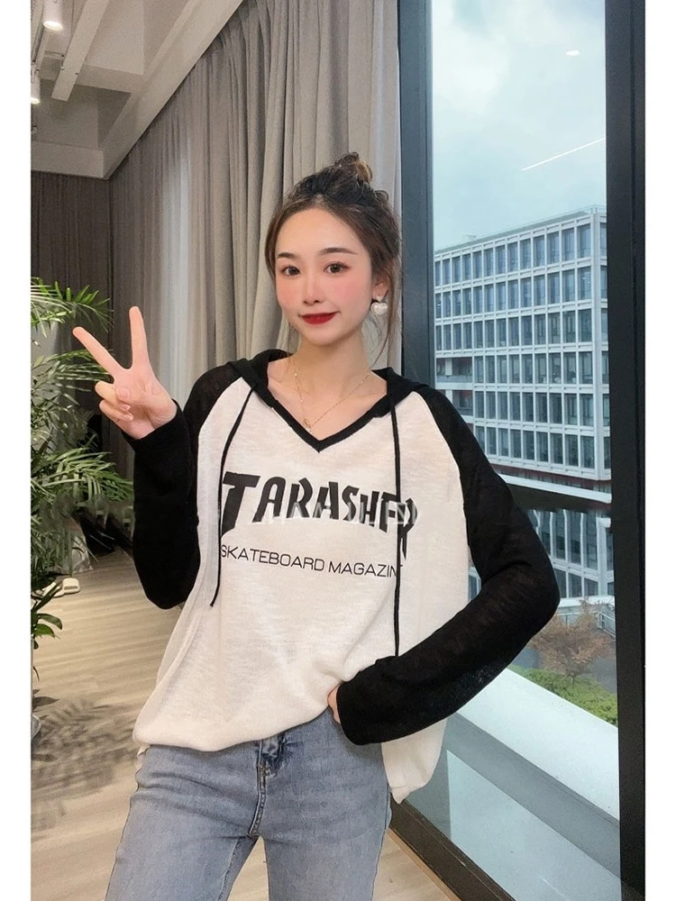 Summer Fashion Women's Letters Contrast Long Sleeve Hooded Knitwear