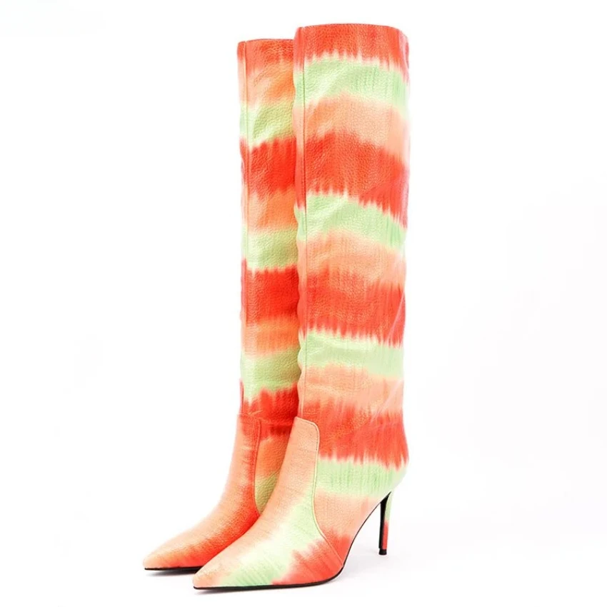 

2024 Handmade Women Knee High Boots Slip On Thin High Heels Pointed Toe Orange Purple Green Party Shoes Women Plus US Size 5-15