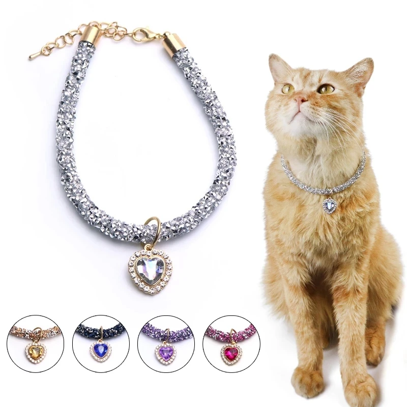 Crystal Cat Collar Heart Gem Pendant Party Rhinestone Necklace Adjustable Cats Puppy Chihuahua Wedding Pet Accessories pet collar pet necklace