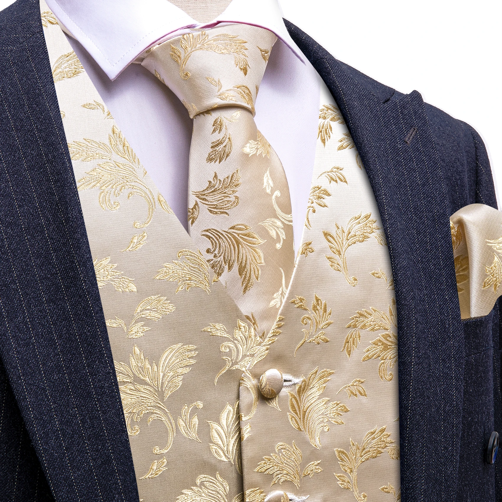 Luxury Silk Mens Vest Gold Beige Flower Embroidered Waistcoat Tie Set Wedding Business Party Suits Sleeveless Jacket