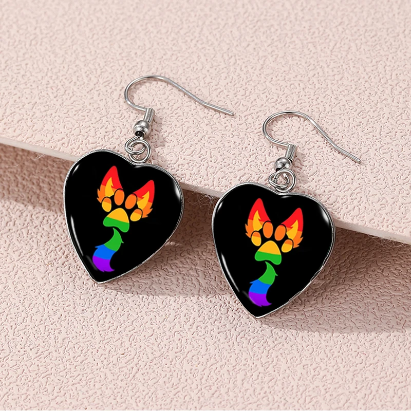2024 New Pride Cat Paw Dangle Earring Heart Shaped Earrings Handmade Glass Dome Jewelry 3