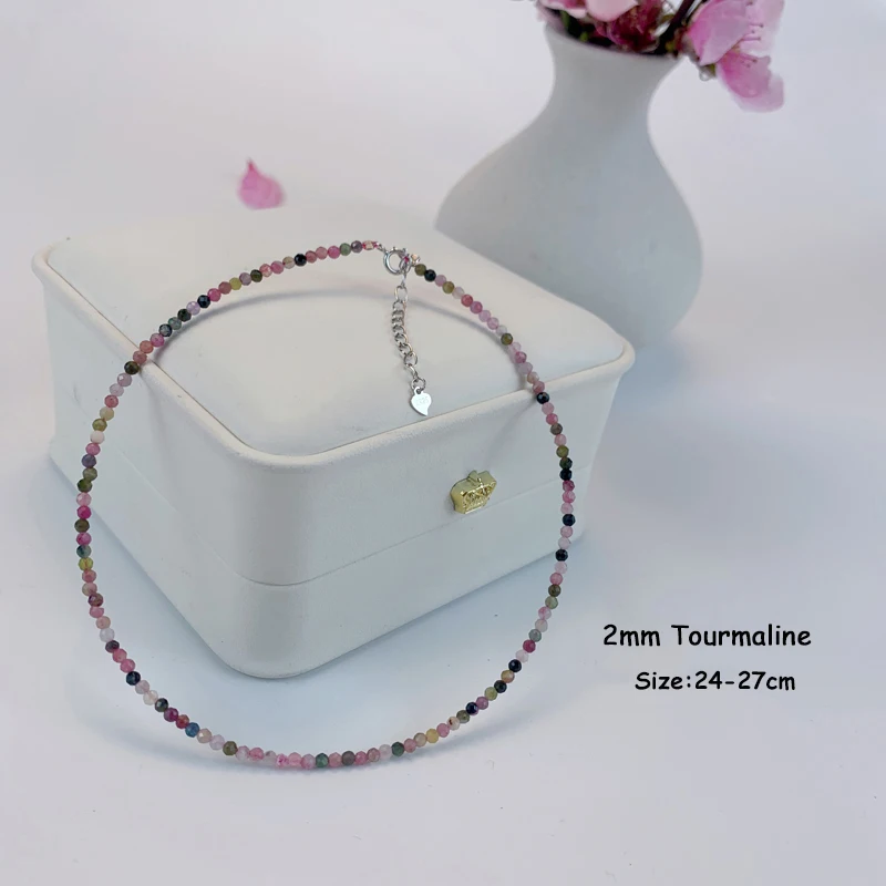 Anklet 925 Silver Jewelry Bead Foot Chain 24-27cm Natural Stone 2MM Tourmaline Black Spinel for Women