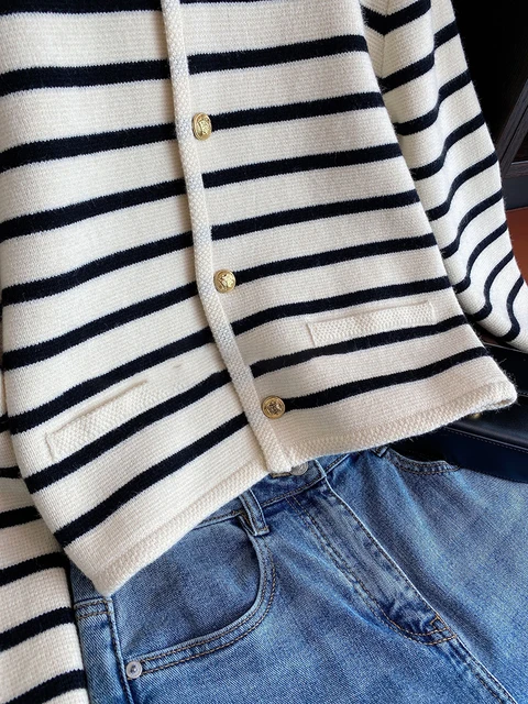 Women Spring Autumn Sweaters O-neck Stripe Knitted Cardigan Fashion Long Sleeve Casual Short Tops Korean Style New 4