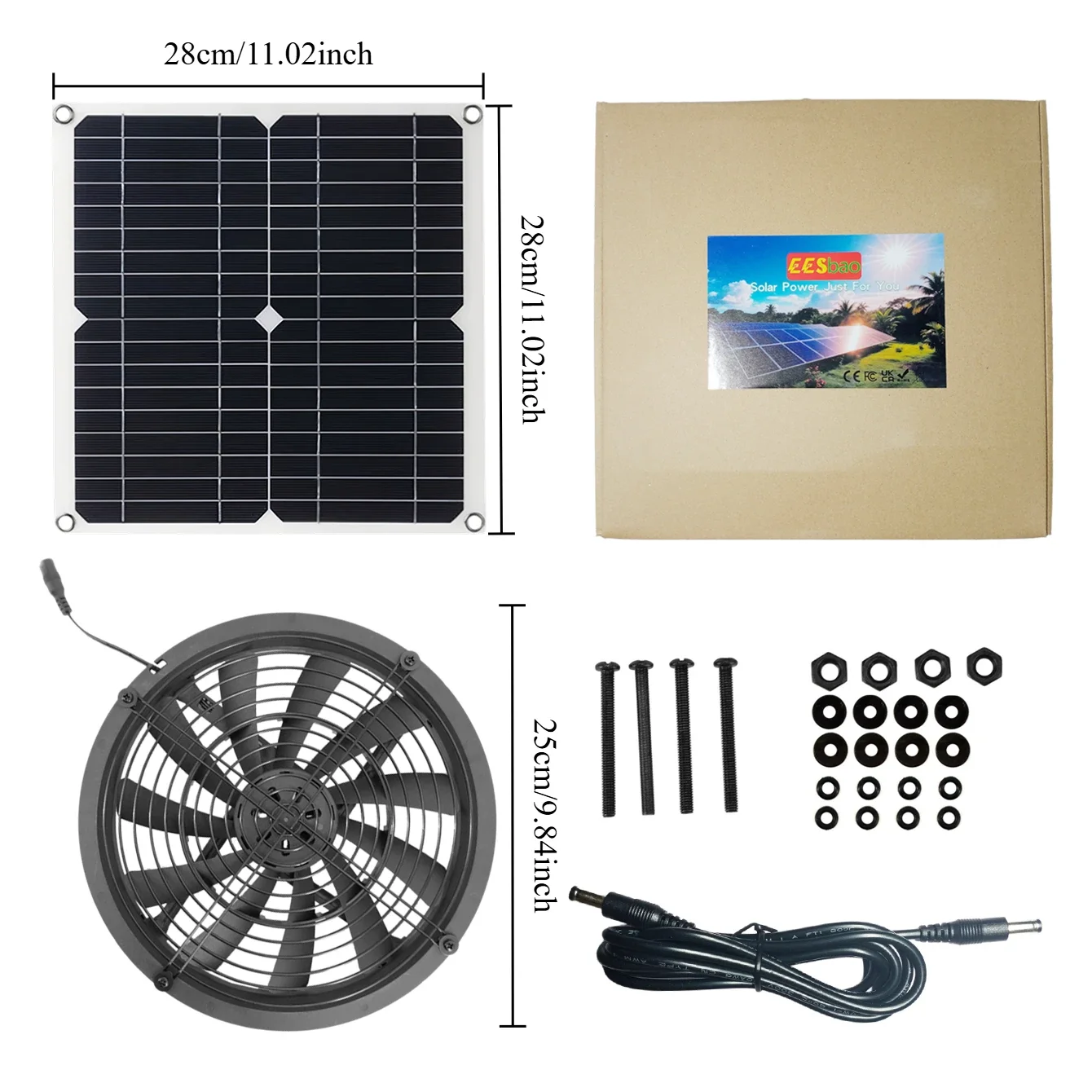20W-30W High Efficiency Solar Exhaust Fan for Greenhouse/Dog House/RV - Auto Ventilation Weatherproof W/Solar Panel | EESBAO