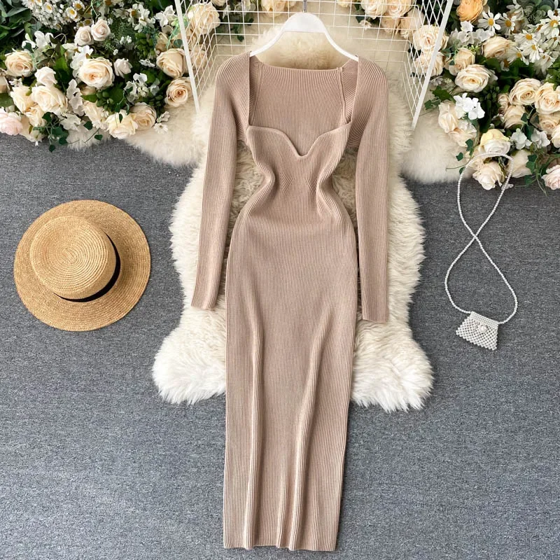 

European and American ins sexy low neck leaking clavicle tight hip elastic knitted dress female spring primer 500g