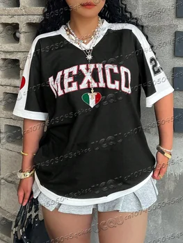 Women'S Mexican Digital Printed Football Jersey T-Shirt V-Neck Loose Quick Drying Short Sleeved Sportswear Casual Clothing Top 1