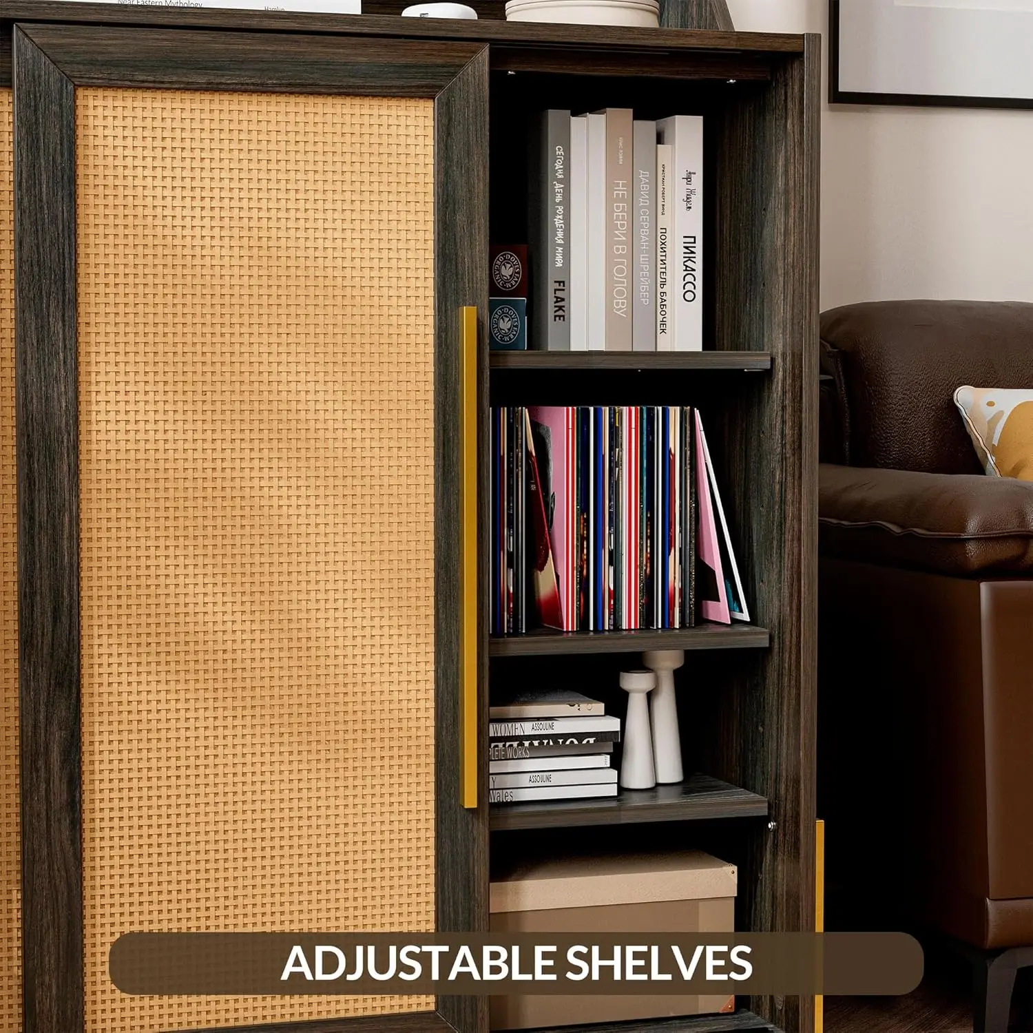 Storage Cabinet, Buffet Sideboard with Rattan Sliding Doors and Adjustable Shelf, Shoe Rack for Entryway, Sideboard Cabinet