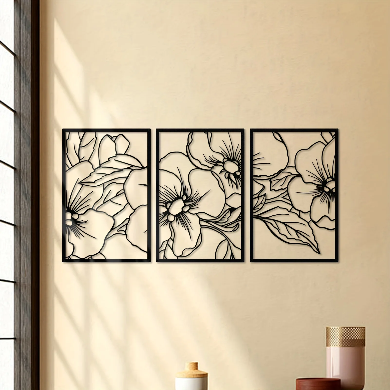

3pcs/set Pear Flower Metal Wall Art, Black Square Modern Art Home Wall Sculpture, Office Kitchen Bathroom Wall Decoration Gift