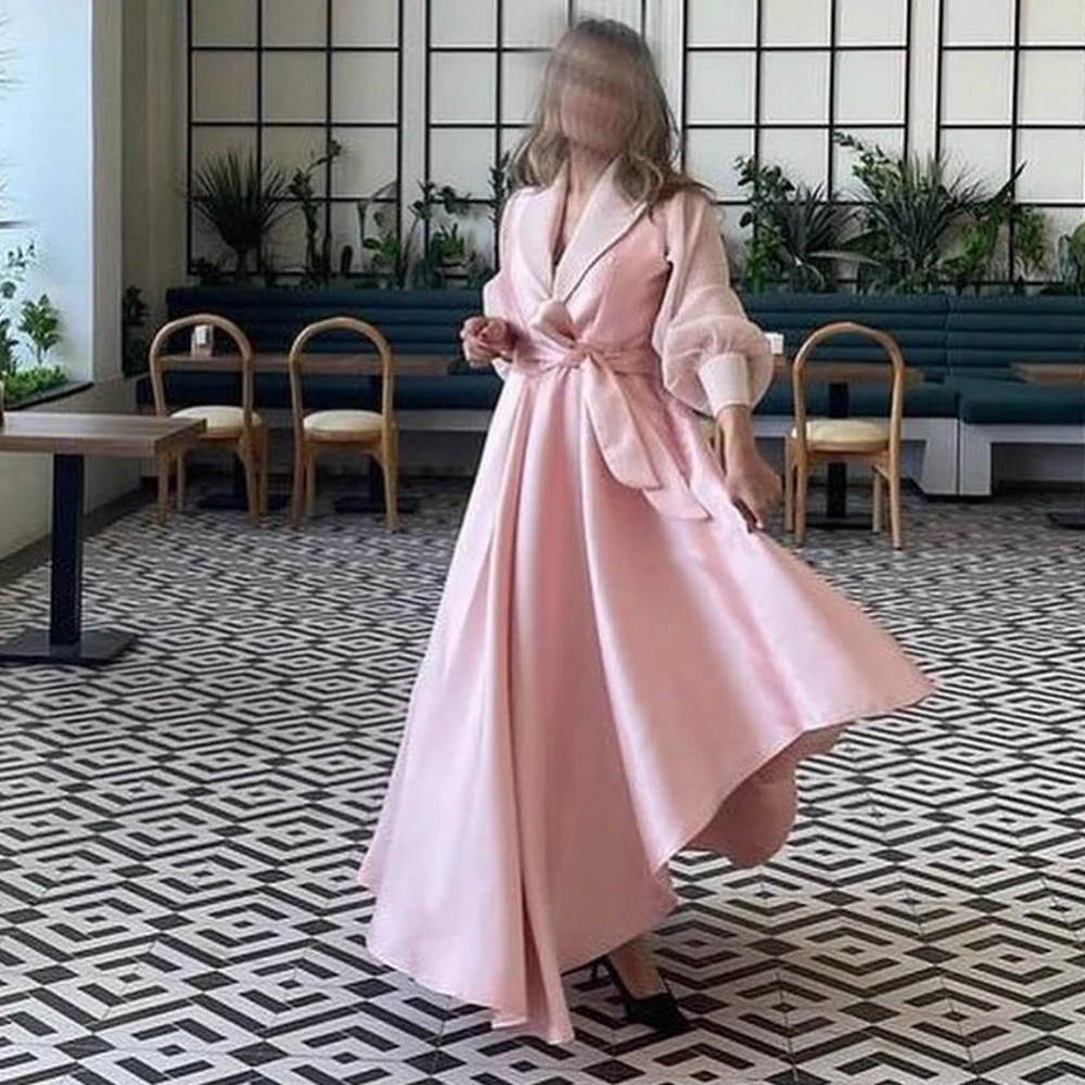 

5Florine V Neckline Club Full Sleeve Cocktail Belt Formal Pink Evening Party Floor Length Lady Gown Women Prom Dress